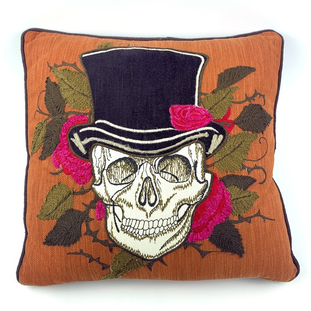 World Plus 18‎ x 18" Throw Pillow Orange Black Skull Top Hat Roses Halloween